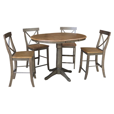 International Concepts Round 36 in Rd Extension Dining table, 4 x-back counterHt stools, Hickory/Coal, 36 W, 48 L, 36.1 in H K45-36RXT-27-S6132-4